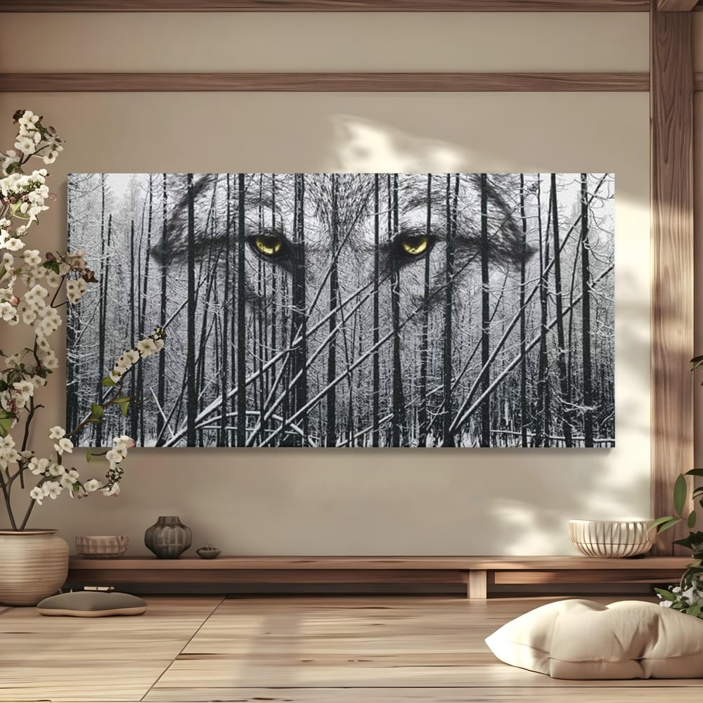 Tablou canvas cu tablou canvas cu ochi de lup si padure iarna, fara rama, pe sasiu de lemn